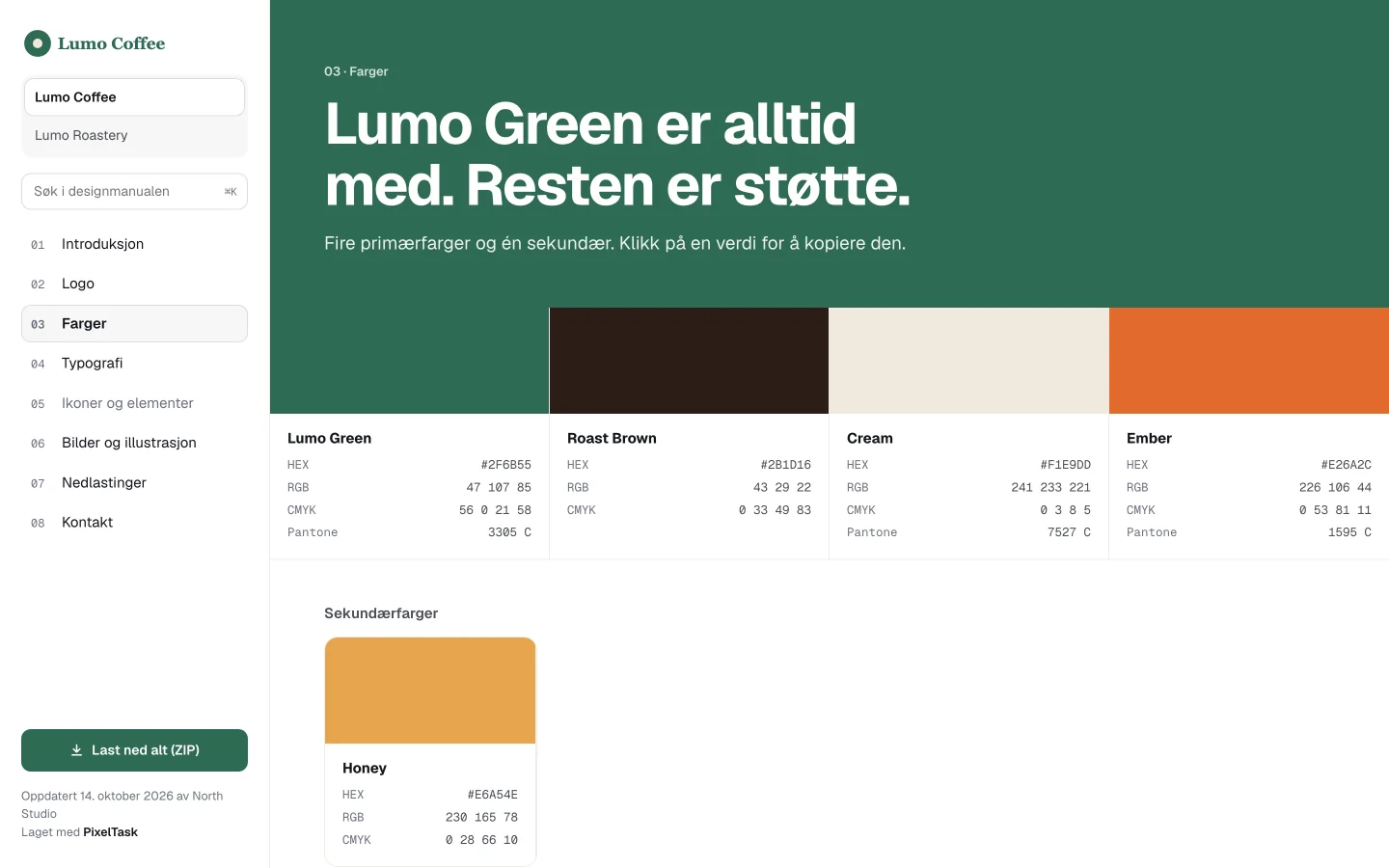 Kundens side på pixeltask.app med fargene